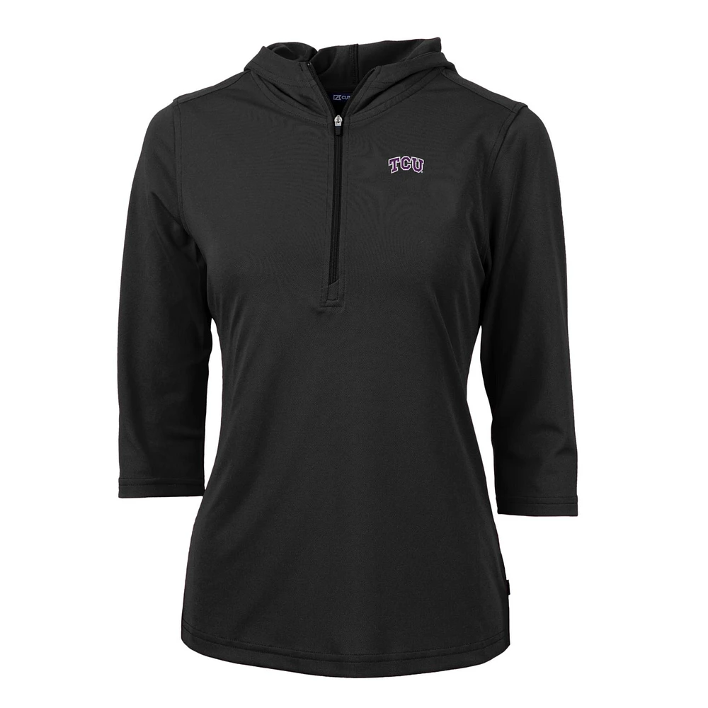 Women's Cutter & Buck Black TCU Horned Frogs Virtue Eco Pique Half-Zip 3/4 Sleeve Pullover Hoodie