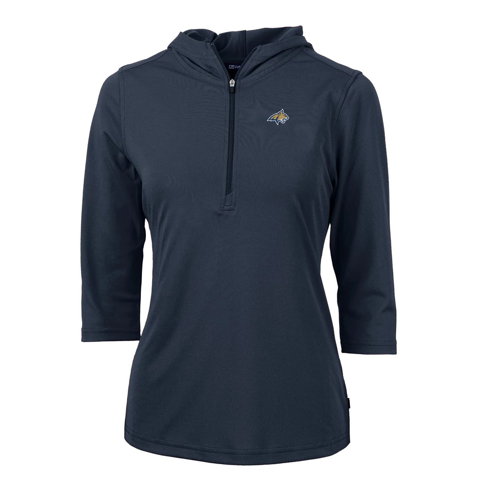 Women's Cutter & Buck Navy Montana State Bobcats Virtue Eco Pique Half-Zip 3/4 Sleeve Pullover Hoodie