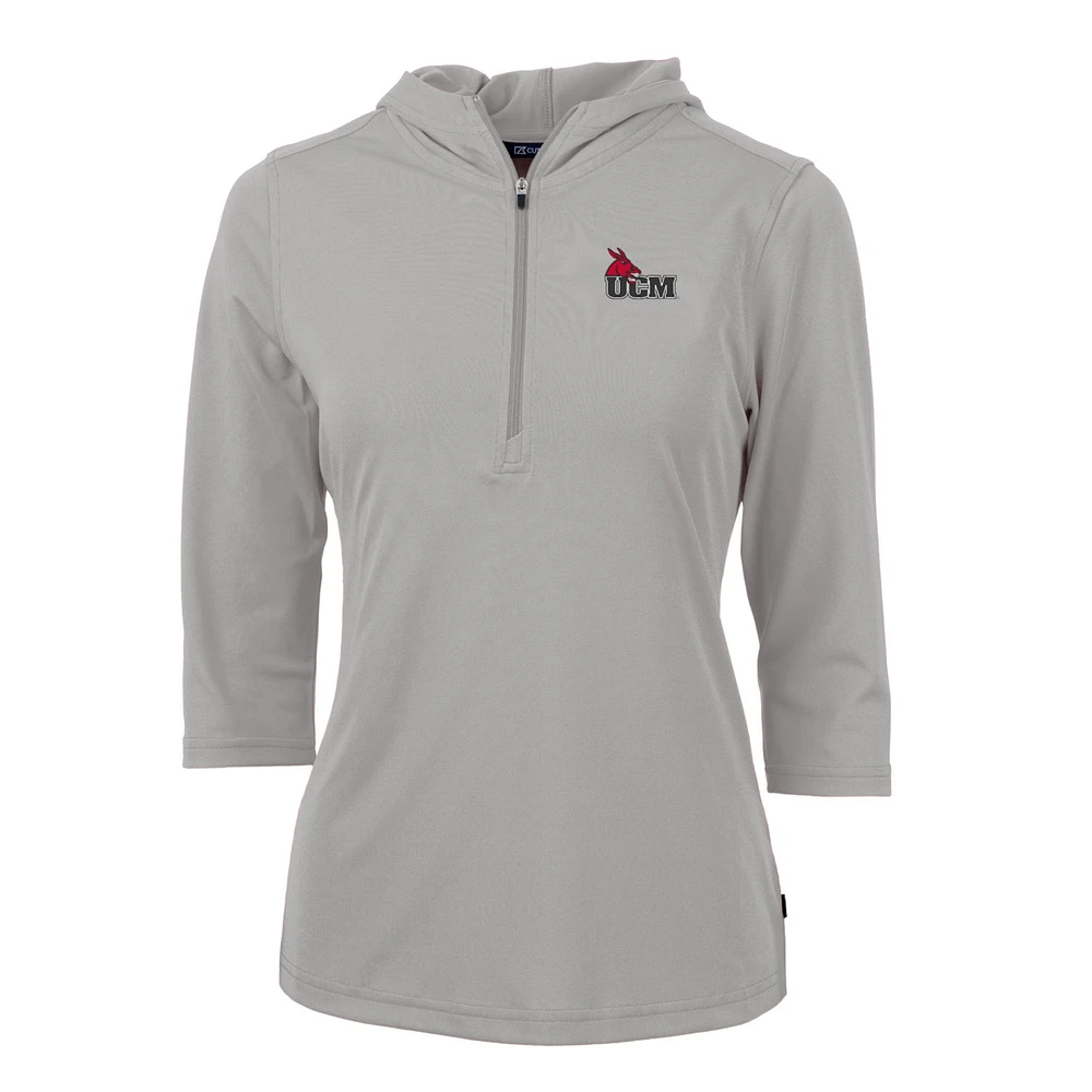 Women's Cutter & Buck Silver Central Missouri Mules Virtue Eco Pique Half-Zip 3/4 Sleeve Pullover Hoodie