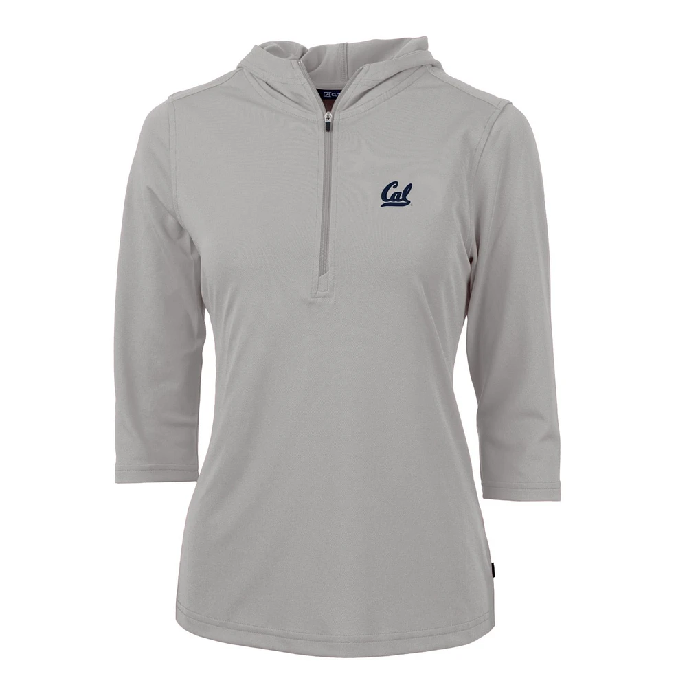 Women's Cutter & Buck Silver Cal Bears Virtue Eco Pique Half-Zip 3/4 Sleeve Pullover Hoodie