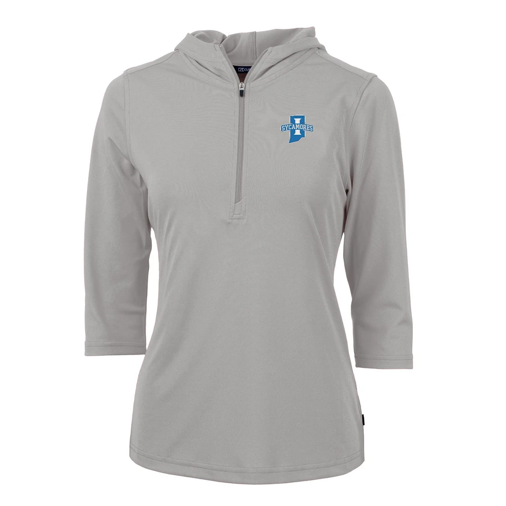 Women's Cutter & Buck Silver Indiana State Sycamores Virtue Eco Pique Half-Zip 3/4 Sleeve Pullover Hoodie