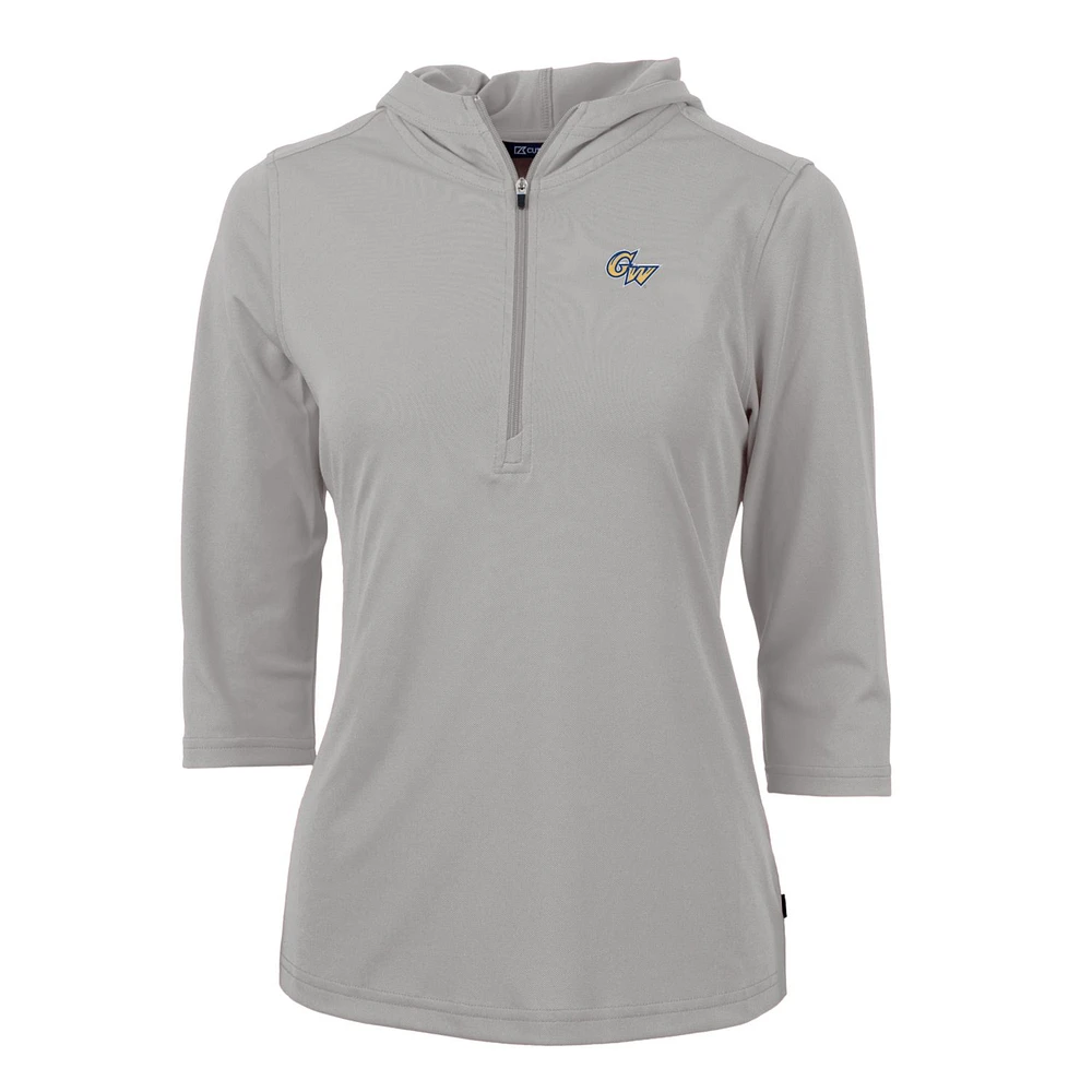 Women's Cutter & Buck Silver George Washington University Virtue Eco Pique Half-Zip 3/4 Sleeve Pullover Hoodie