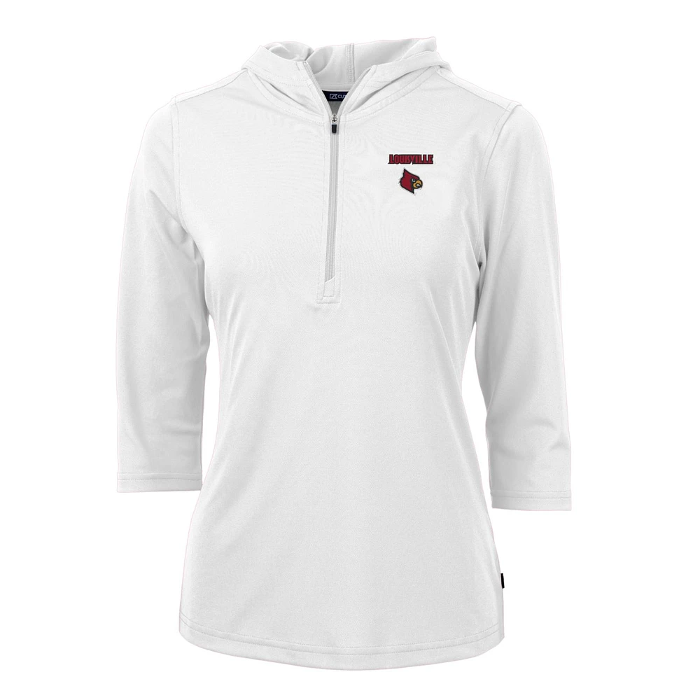 Women's Cutter & Buck White Louisville Cardinals Virtue Eco Pique Half-Zip 3/4 Sleeve Pullover Hoodie