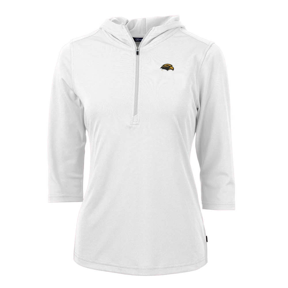 Women's Cutter & Buck White Southern Miss Golden Eagles Virtue Eco Pique Half-Zip 3/4 Sleeve Pullover Hoodie