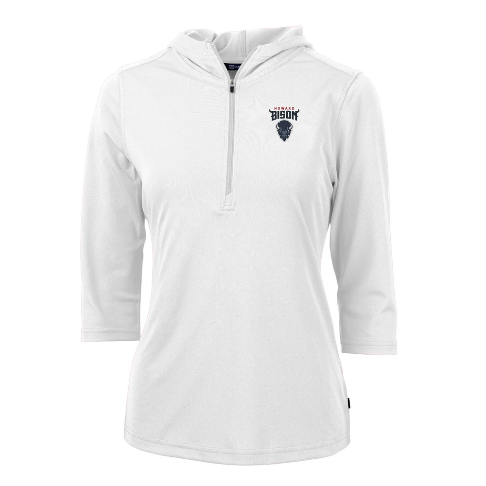 Women's Cutter & Buck White Howard Bison Virtue Eco Pique Half-Zip 3/4 Sleeve Pullover Hoodie