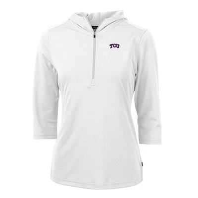 Women's Cutter & Buck White TCU Horned Frogs Virtue Eco Pique Half-Zip 3/4 Sleeve Pullover Hoodie