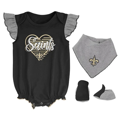 Girls Newborn & Infant Black/Heathered Gray New Orleans Saints All The Love Bodysuit Bib & Booties Set