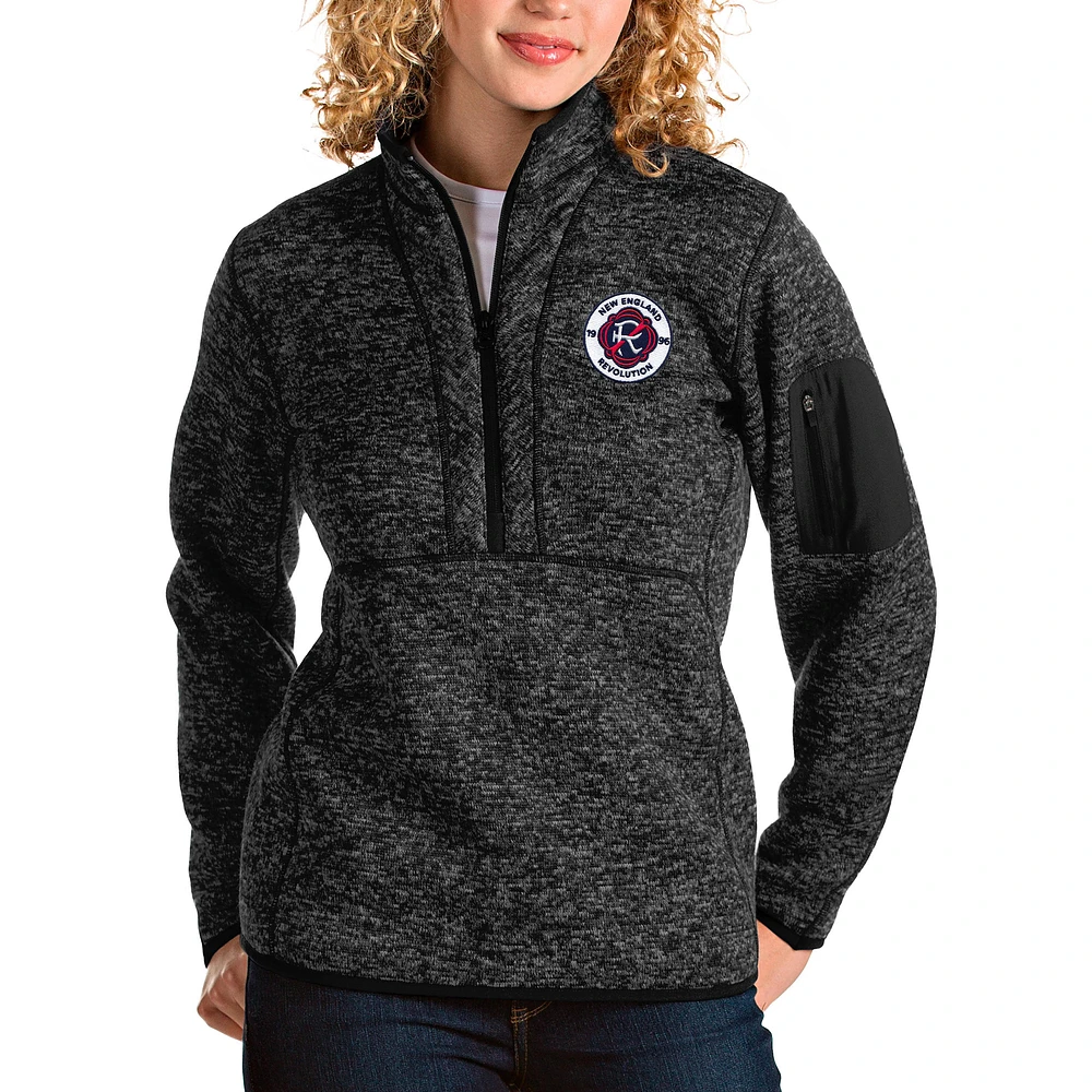 Women's Antigua Heathered Black New England Revolution Logo Fortune Quarter-Zip Pullover Jacket