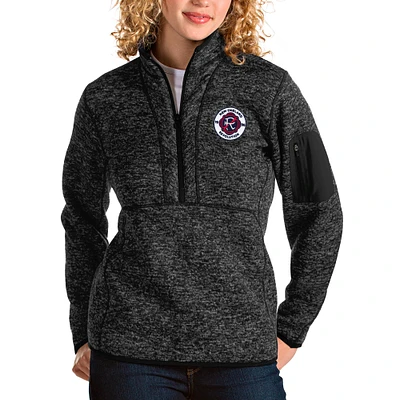 Women's Antigua Heathered Black New England Revolution Logo Fortune Quarter-Zip Pullover Jacket