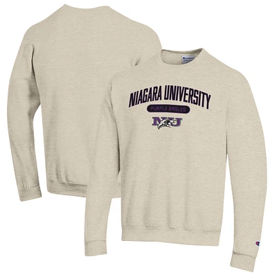 Men's Champion Heathered Oatmeal Niagara University Purple Eagles Eco Powerblend Crewneck Sweatshirt