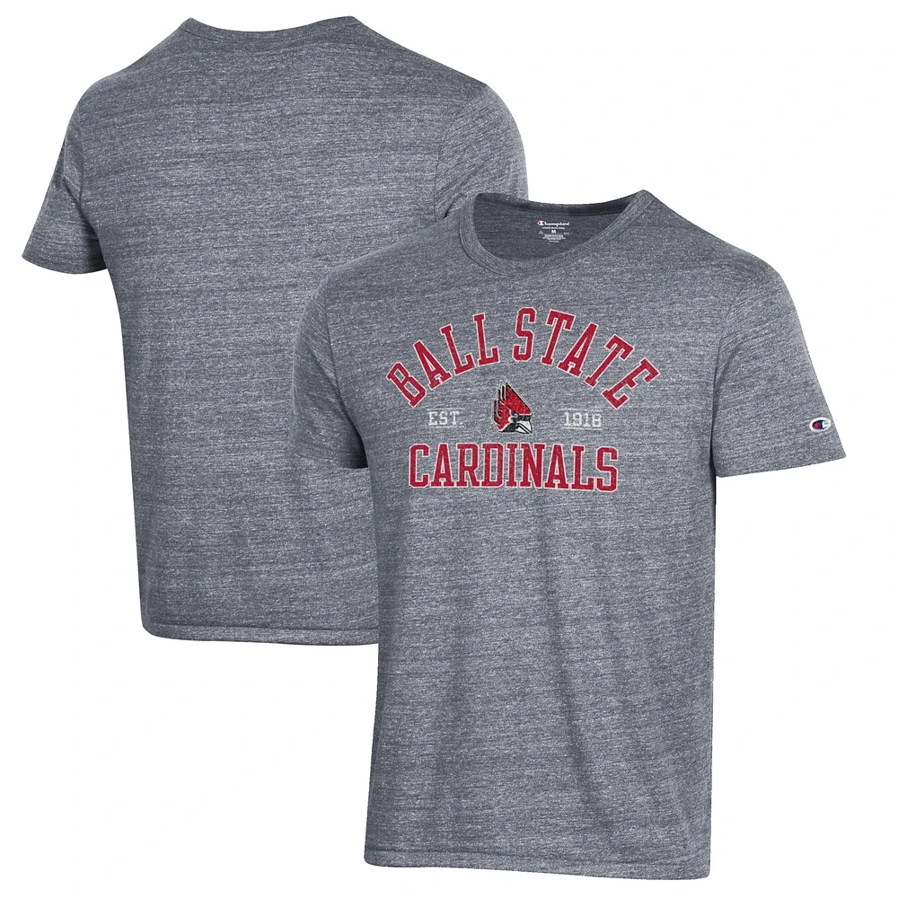 Men's Champion Heathered Gray Ball State Cardinals Ultimate Tri-Blend T-Shirt