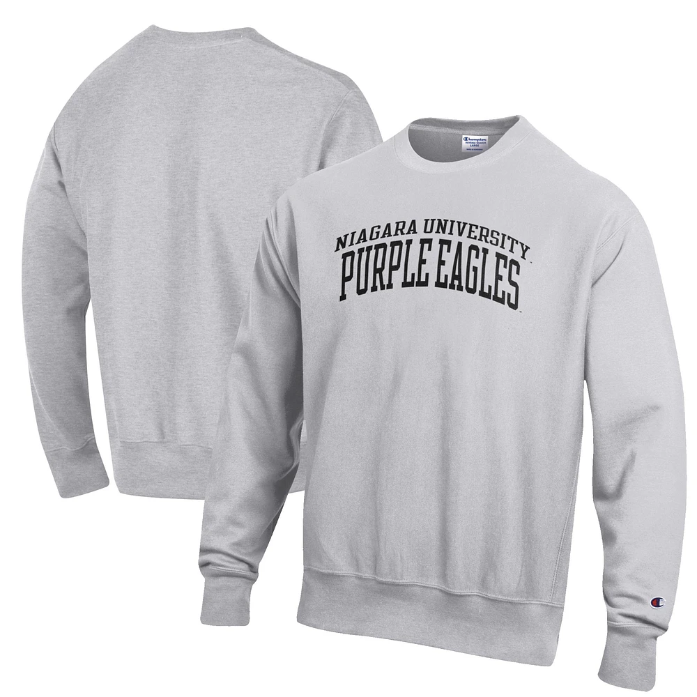 Men's Champion Heathered Gray Niagara University Purple Eagles Reverse Weave Fleece Crewneck Sweatshirt
