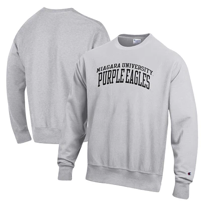 Men's Champion Heathered Gray Niagara University Purple Eagles Reverse Weave Fleece Crewneck Sweatshirt