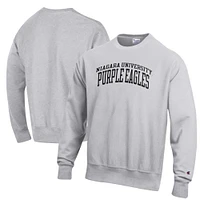 Men's Champion Heathered Gray Niagara University Purple Eagles Reverse Weave Fleece Crewneck Sweatshirt