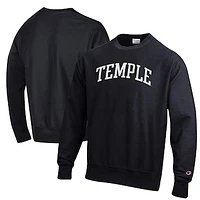 Men's Champion Black Temple Owls Reverse Weave Fleece Crewneck Sweatshirt