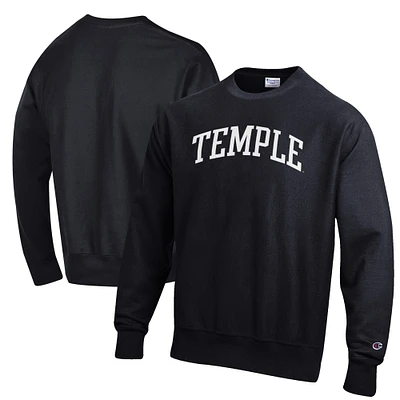 Men's Champion Black Temple Owls Reverse Weave Fleece Crewneck Sweatshirt