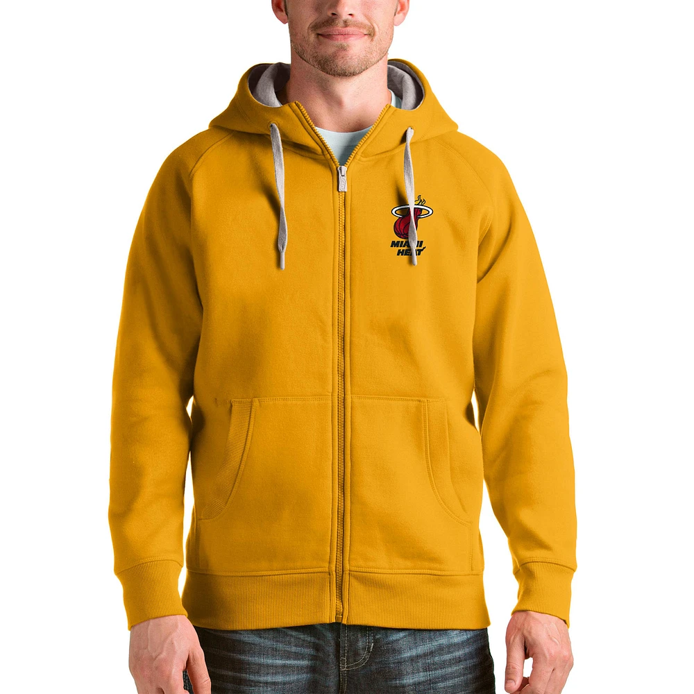 Men's Antigua Gold Miami Heat Logo Victory Full-Zip Hoodie