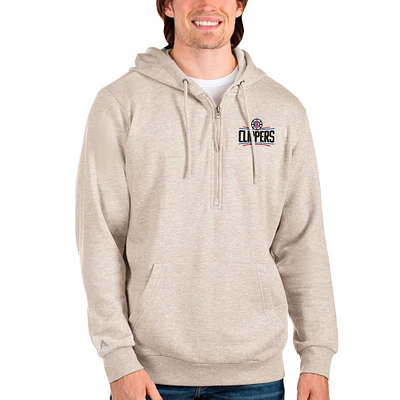 Men's Antigua Oatmeal LA Clippers Action Quarter-Zip Pullover Hoodie