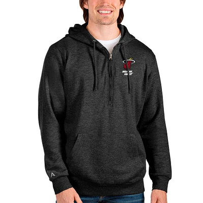 Men's Antigua Heathered Black Miami Heat Action Quarter-Zip Pullover Hoodie