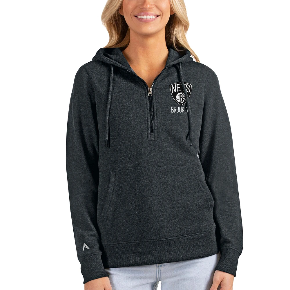 Women's Antigua Heathered Charcoal Brooklyn Nets Action Half-Zip Pullover Hoodie