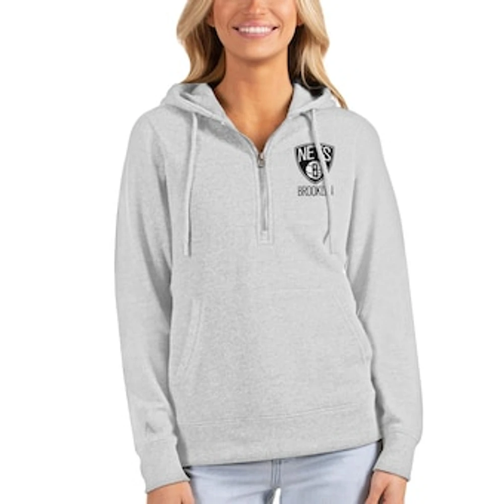 Women's Antigua Heathered Gray Brooklyn Nets Action Half-Zip Pullover Hoodie