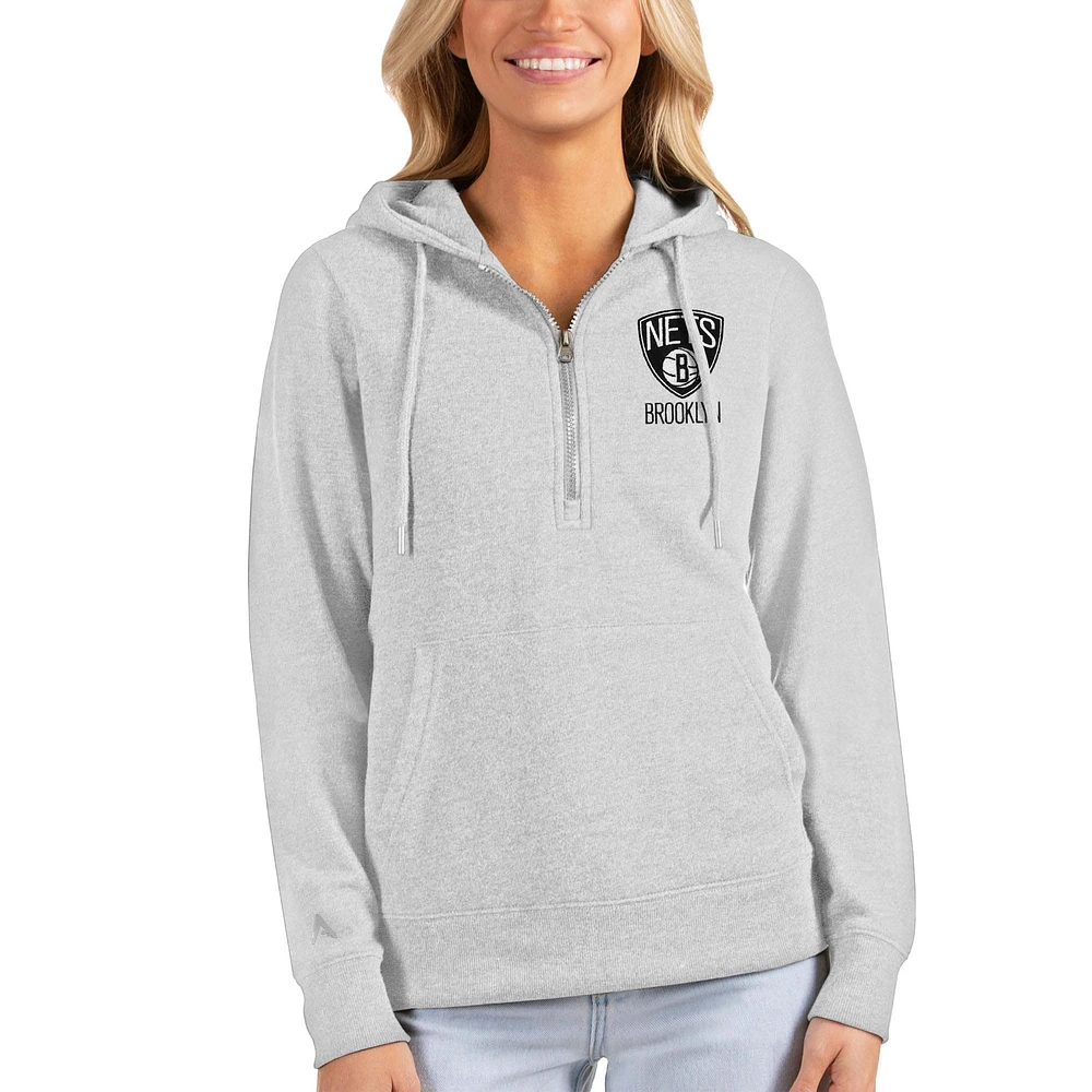 Women's Antigua Heathered Gray Brooklyn Nets Action Half-Zip Pullover Hoodie