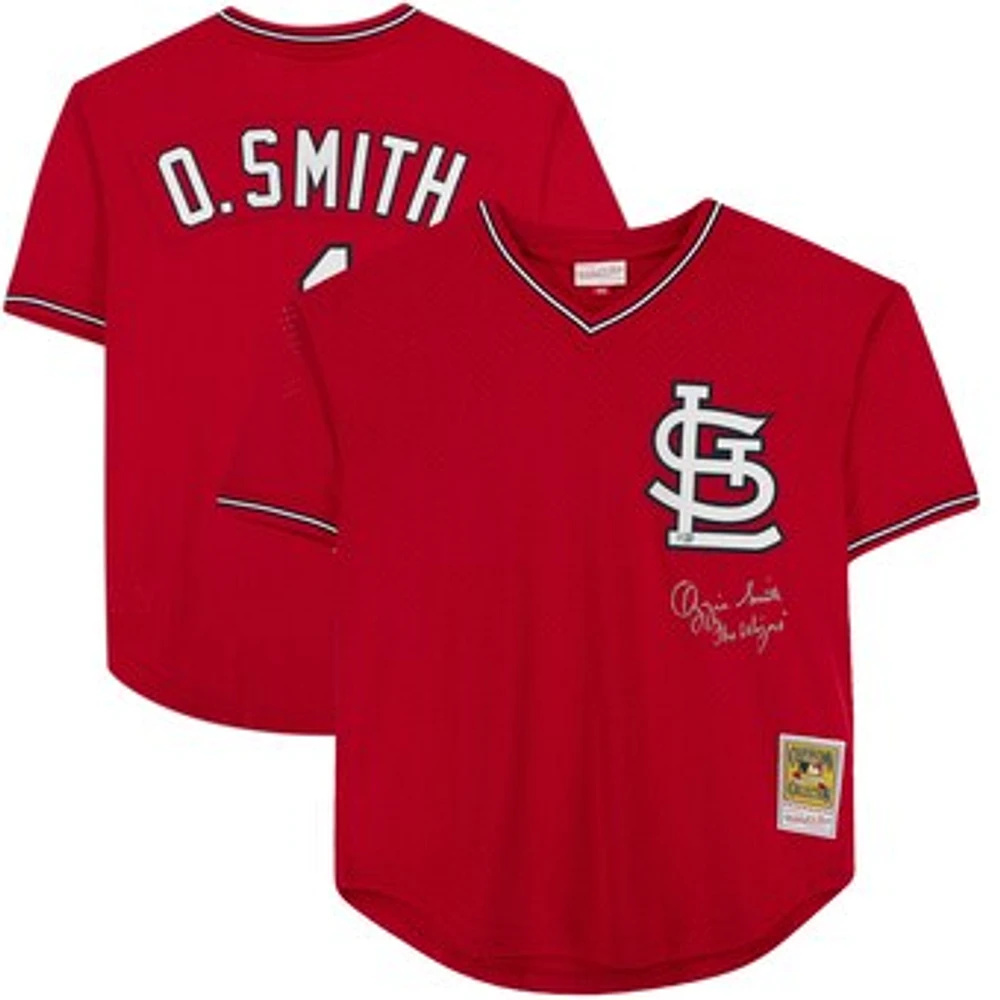 Ozzie Smith St. Louis Cardinals Autographed Red Mitchell & Ness Batting Practice Jersey with "The Wizard" Inscription - Signed in Silver on Front