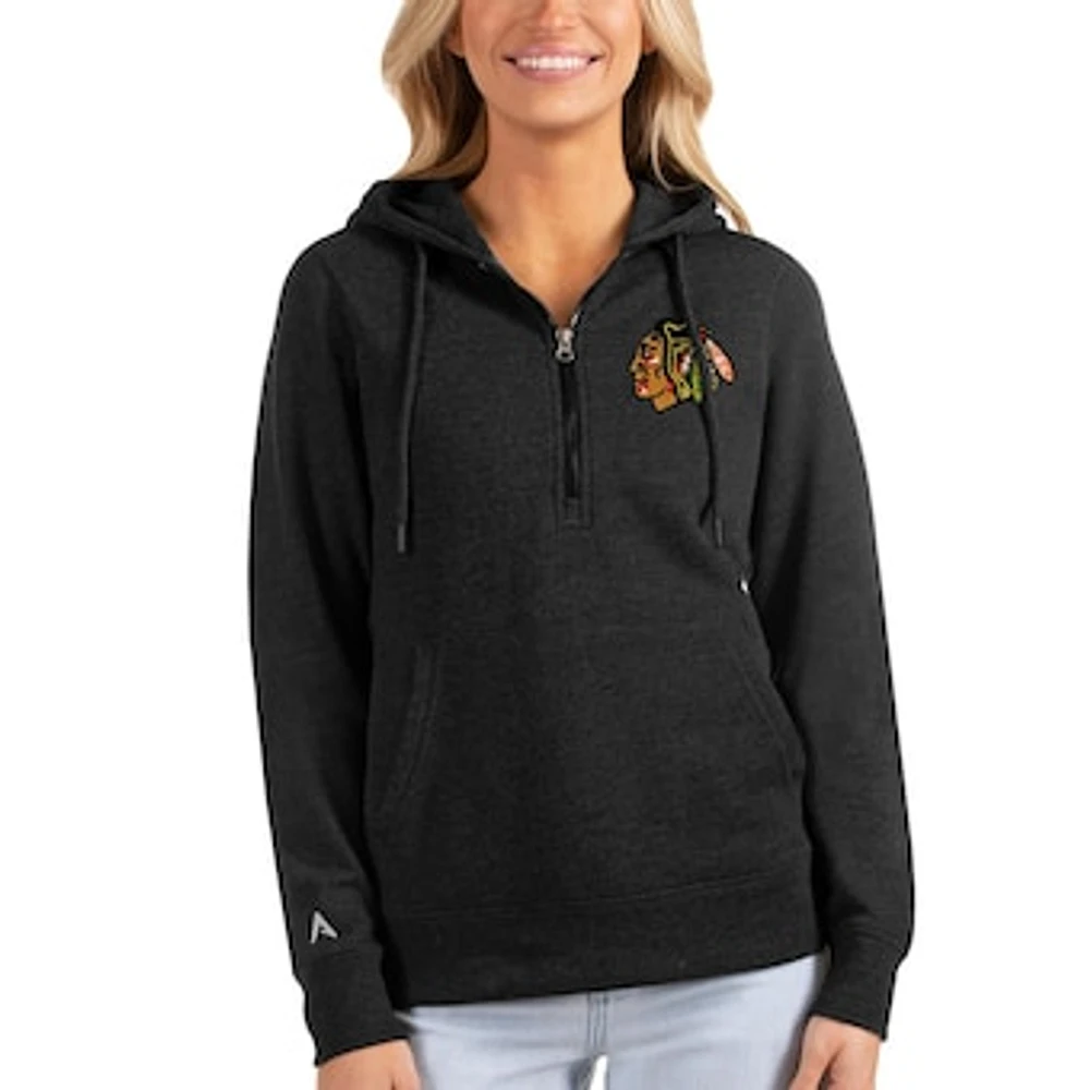 Women's Antigua Heathered Black Chicago Blackhawks Action Half-Zip Pullover Hoodie