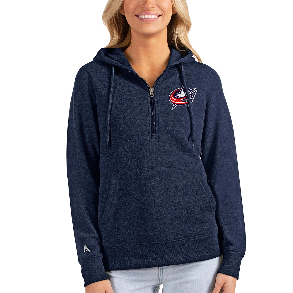 Women's Antigua Heathered Navy Columbus Blue Jackets Action Half-Zip Pullover Hoodie