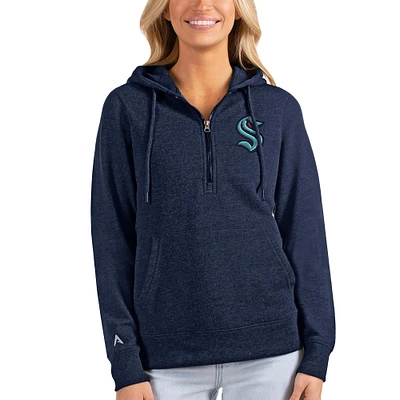 Women's Antigua Heathered Navy Seattle Kraken Action Half-Zip Pullover Hoodie