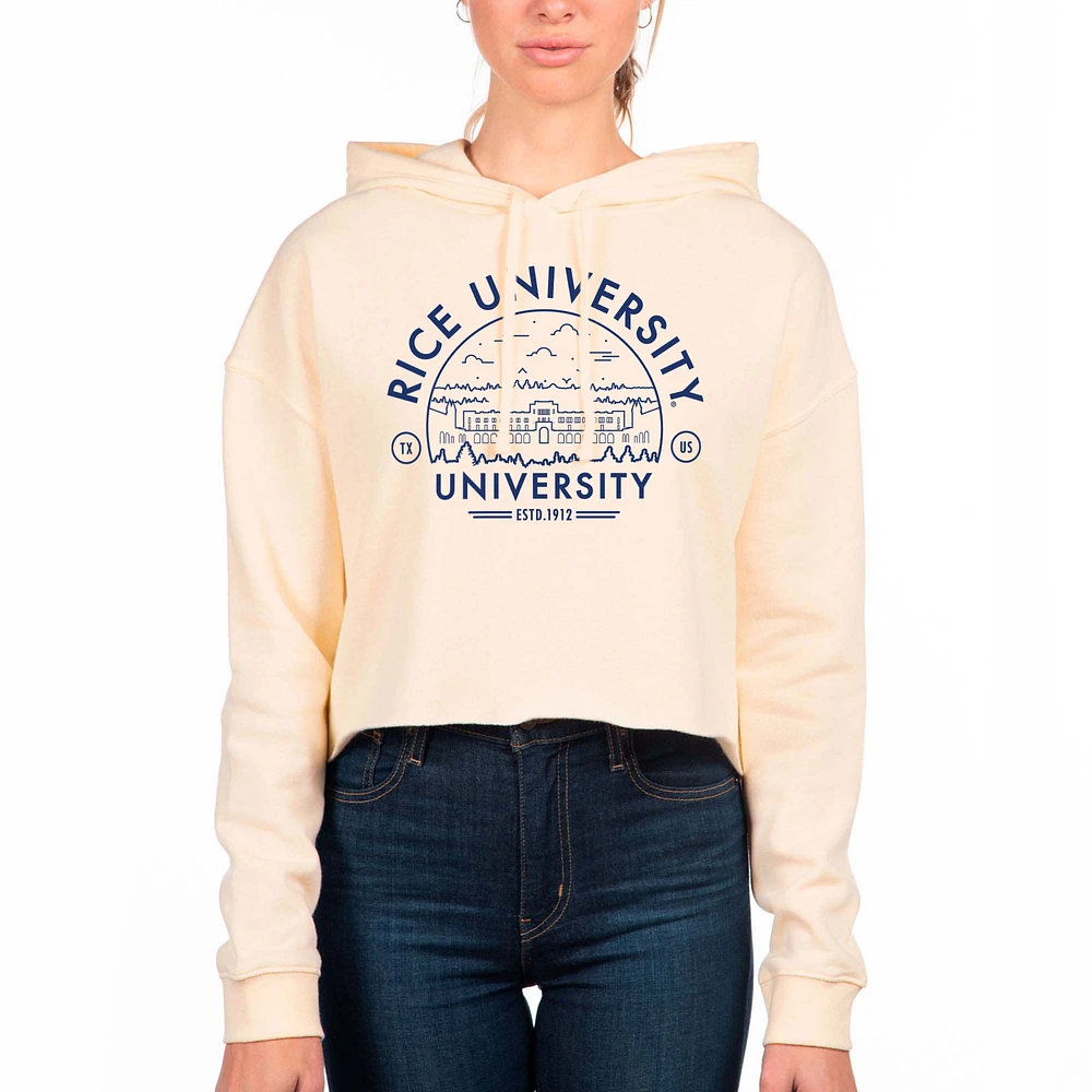 Women's Uscape Apparel Cream Rice Owls Fleece Cropped Pullover Hoodie