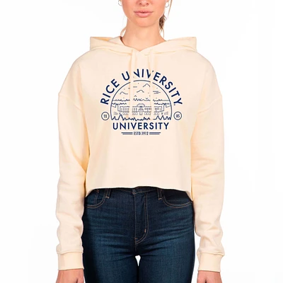 Women's Uscape Apparel Cream Rice Owls Fleece Cropped Pullover Hoodie