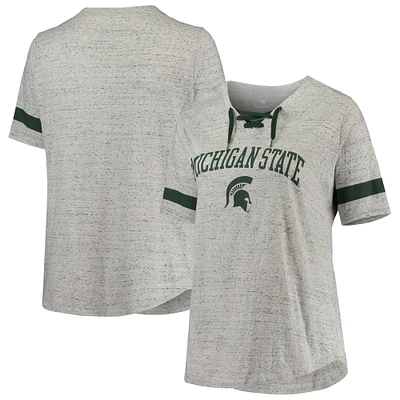 Women's Heathered Gray/Green Michigan State Spartans Plus Lace-Up V-Neck T-Shirt