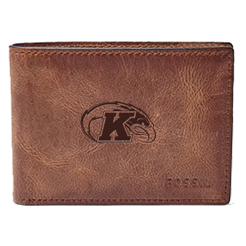 Men's Fossil Brown Kent State Golden Flashes Leather Derrick Front Pocket Bi-Fold Wallet