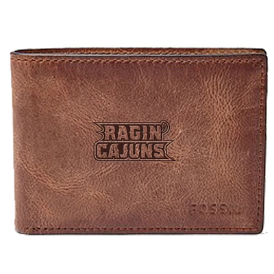 Men's Fossil Brown Louisiana Ragin' Cajuns Leather Derrick Front Pocket Bi-Fold Wallet