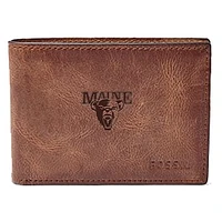 Men's Fossil Brown Maine Black Bears Leather Derrick Front Pocket Bi-Fold Wallet