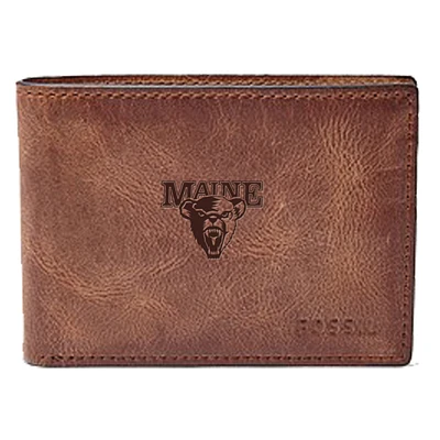 Men's Fossil Brown Maine Black Bears Leather Derrick Front Pocket Bi-Fold Wallet