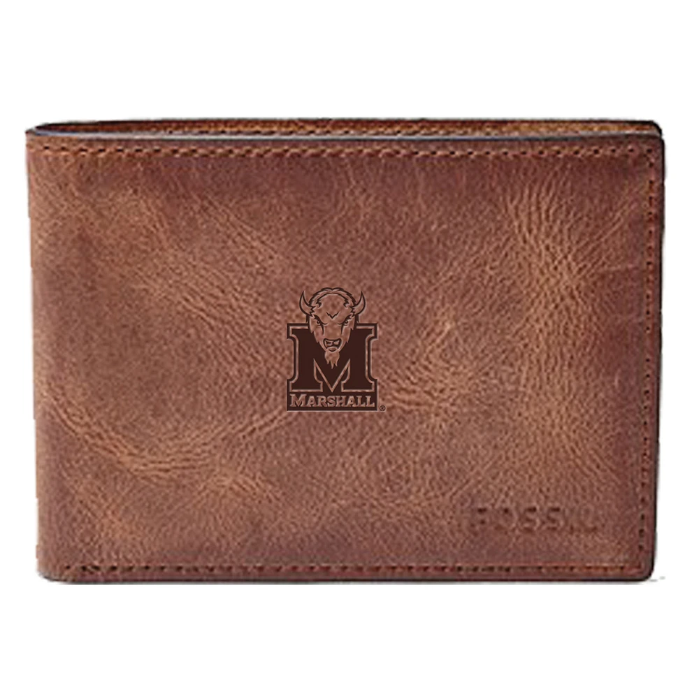 Men's Fossil Brown Marshall Thundering Herd Leather Derrick Front Pocket Bi-Fold Wallet
