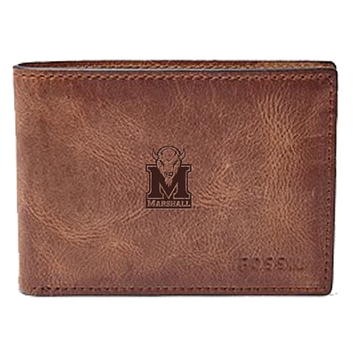 Men's Fossil Brown Marshall Thundering Herd Leather Derrick Front Pocket Bi-Fold Wallet