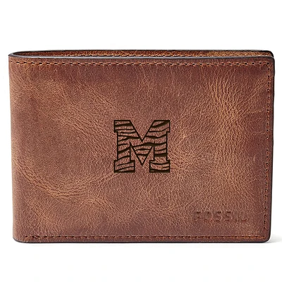 Men's Fossil Brown Memphis Tigers Leather Derrick Front Pocket Bi-Fold Wallet