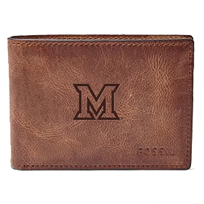 Men's Fossil Brown Miami University RedHawks Leather Derrick Front Pocket Bi-Fold Wallet
