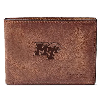 Men's Fossil Brown MTSU Blue Raiders Leather Derrick Front Pocket Bi-Fold Wallet