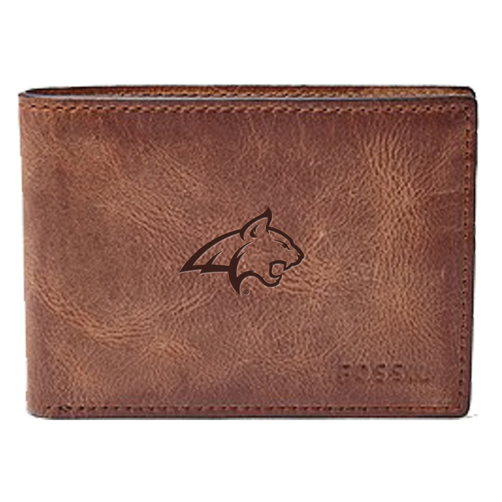 Men's Fossil Brown Montana State Bobcats Leather Derrick Front Pocket Bi-Fold Wallet
