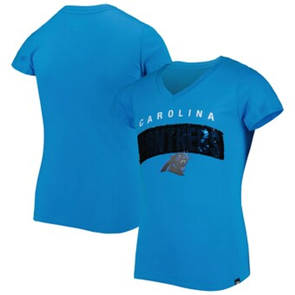 Girls Youth New Era Blue Carolina Panthers Reverse Sequin Wordmark V-Neck T-Shirt