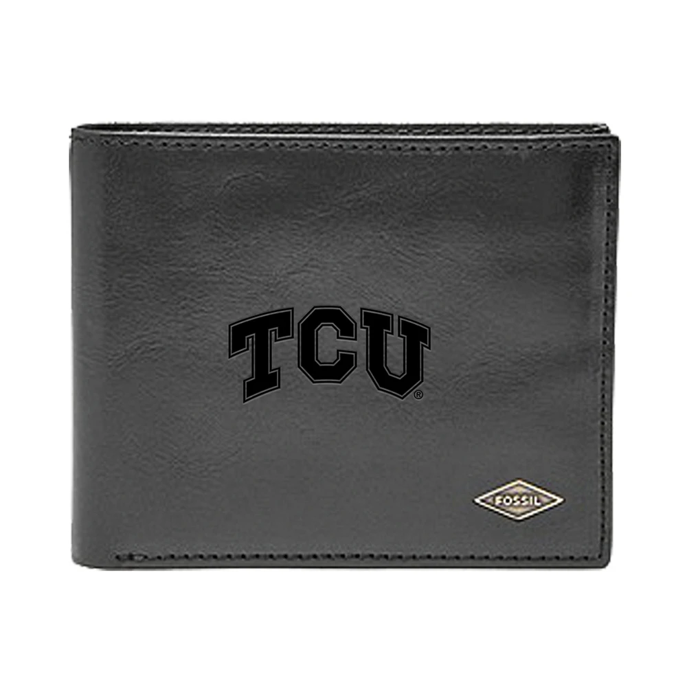 Men's Fossil Black TCU Horned Frogs Leather Ryan RFID Flip ID Bifold Wallet