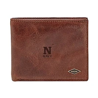 Men's Fossil Brown Navy Midshipmen Leather Ryan RFID Flip ID Bifold Wallet