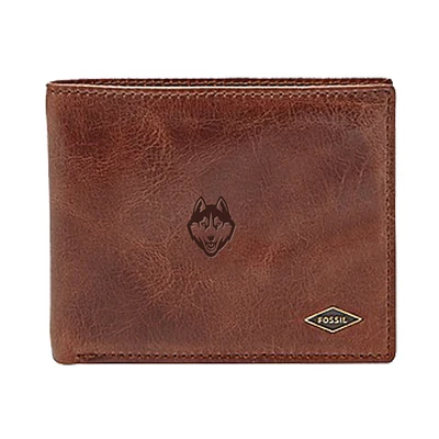 Men's Fossil Brown UConn Huskies Leather Ryan RFID Flip ID Bifold Wallet