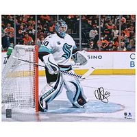 Chris Driedger Seattle Kraken Autographed 16'' x 20'' White Jersey In Net Photograph