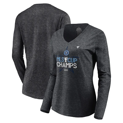 Women's Fanatics Heathered Charcoal New York City FC 2021 MLS Cup Champions Locker Room Long Sleeve V-Neck T-Shirt