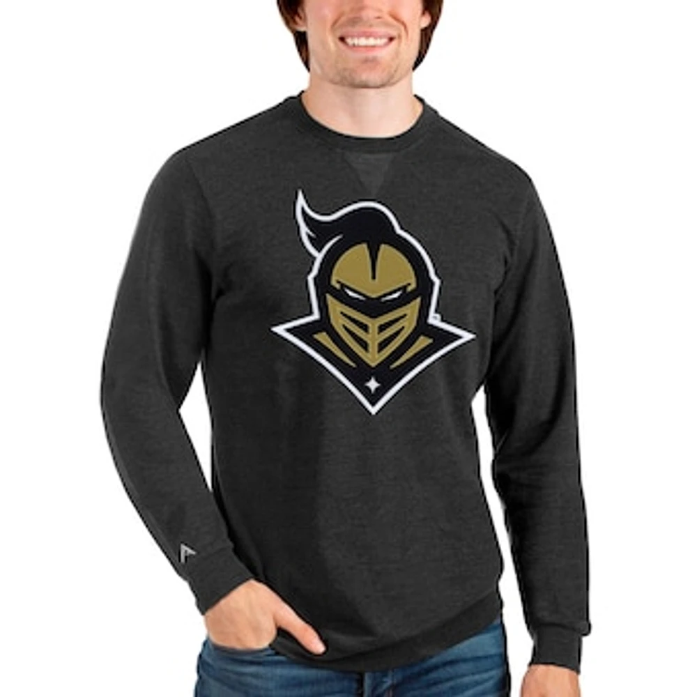 Men's Antigua Heathered Black UCF Knights Logo Reward Crewneck Pullover Sweatshirt